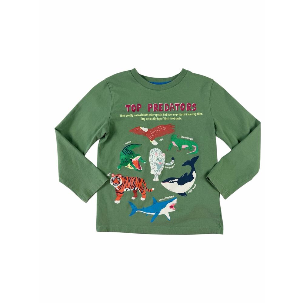 Mini Boden Boys Green Top Predators Graphic Long Sleeve Tee 5-6Y